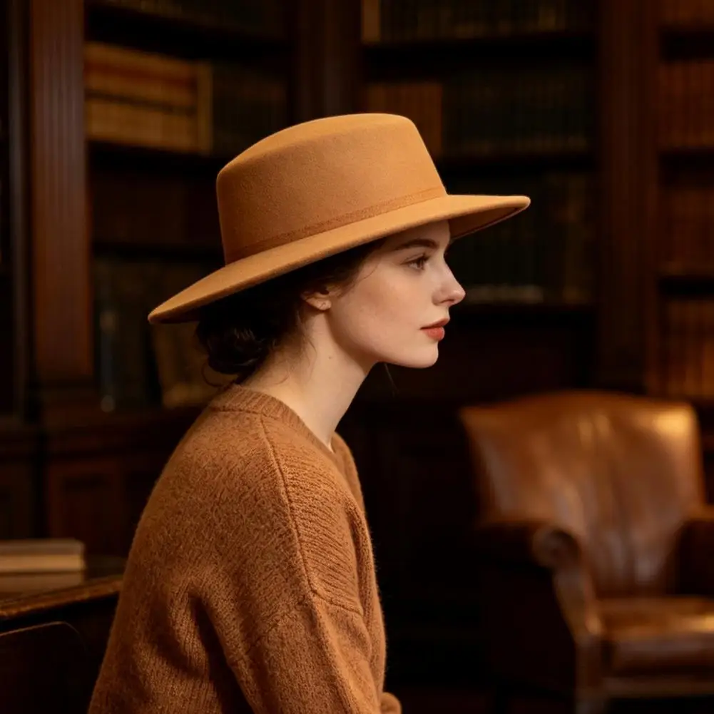 Stylish Dinner Party Headwear Flat Top Fedora Hat Wool Blend Derby Cap Wide Brim Felt Hat for Women Classic Retro Hat Formal
