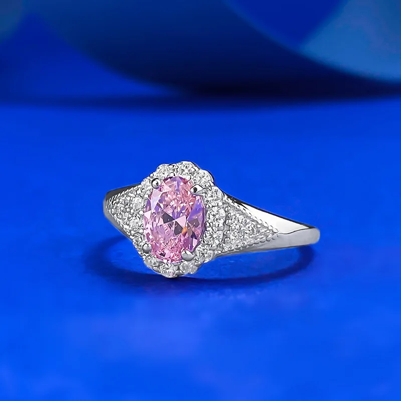 New New S925 Silver Paddle Pink Diamond Ring Simulation Diamond Ring Set with 5 * 7mm Pink Diamond Women's Ring