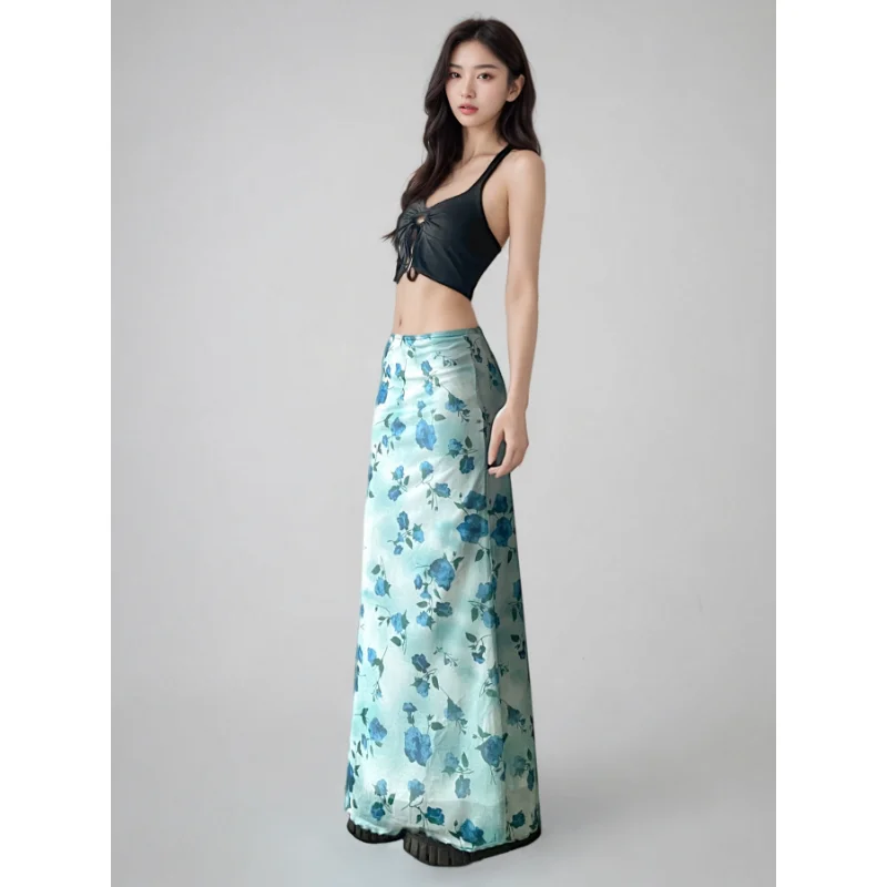 

2025 New Blue Rose Me Floral Fi Tail f Skirt Women's Vintage Sle All-Match Wrap Body Long Skirt Casual Leisure