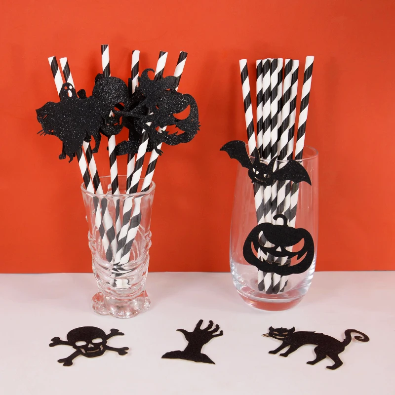 9pcs Halloween Paper Disposable Party Straws Bat Skull Drinking Straws Holiday Bar Home Party Halloween Decoration Supplies