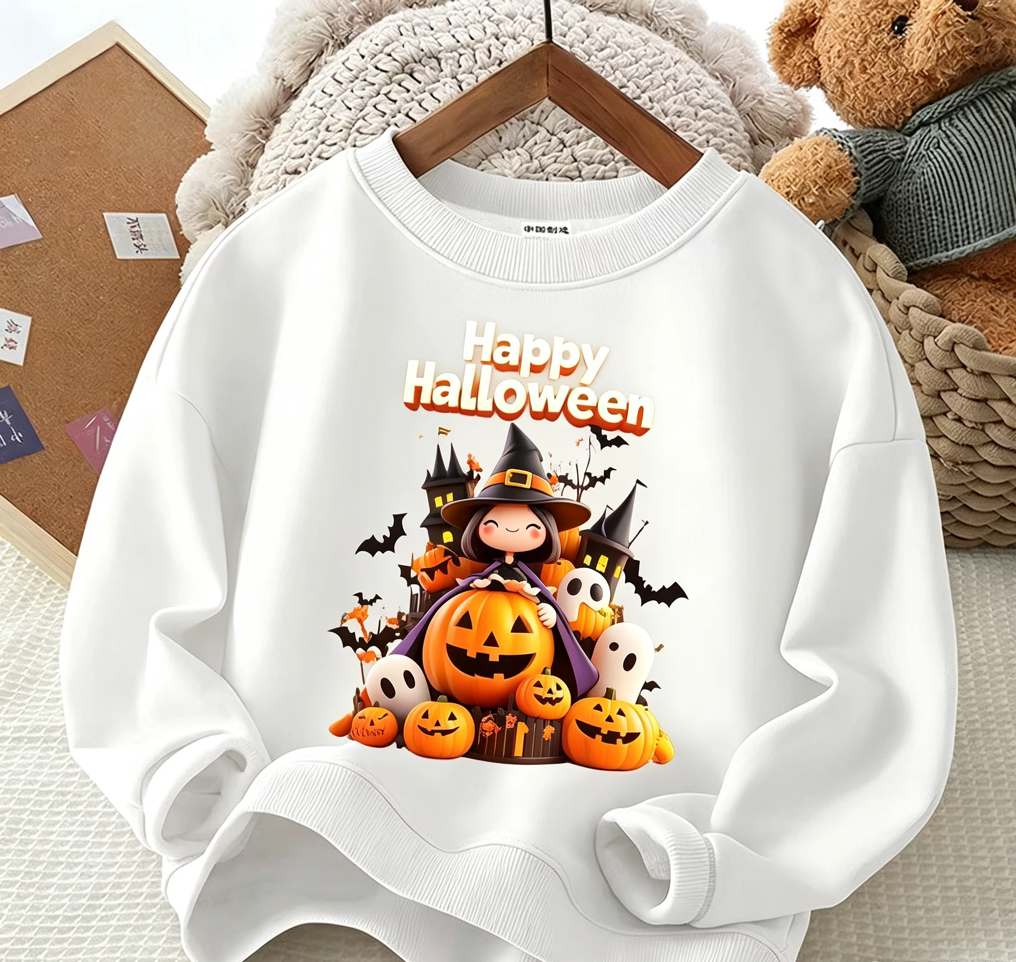 Kids Halloween Cute Witch Sweatshirt Pumpkin Ghost Print Boys Girls Long Sleeve Pullover Party Children Tops