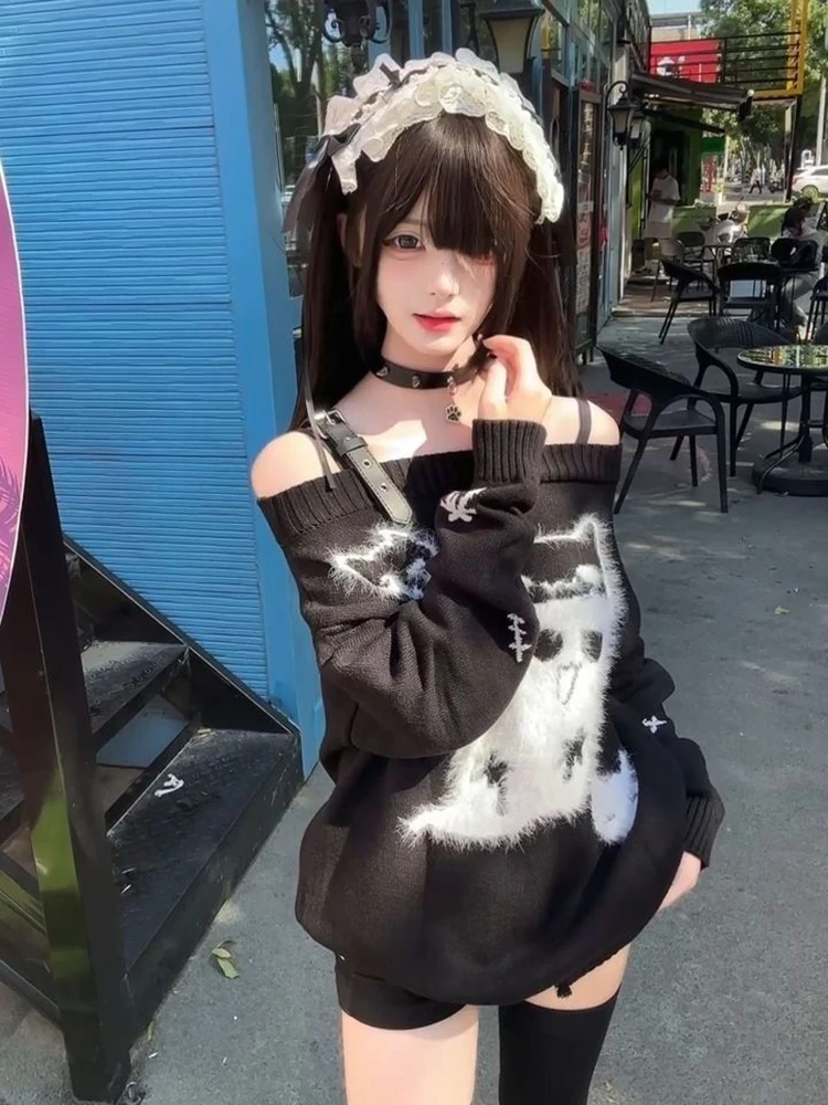 

Y2K Subculture Knit Sweater Women Sweet Preppy Cartoon Print Streetwear Pullovers Off Shoulder Leather Buckle Patchwork Jumpers