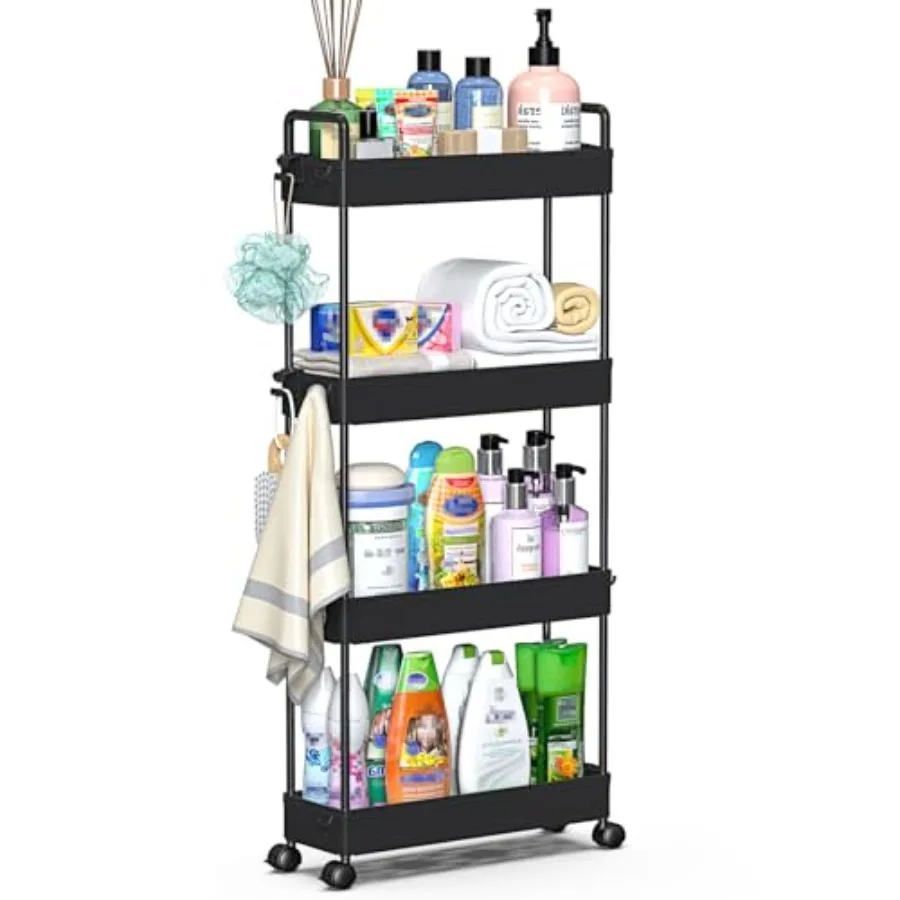 

Slim Rolling Storage Cart with Wheels 4 Tier Skinny Bathroom Storage Organizer Narrow Shelf Unit Thin Laundry Room Utility Cart