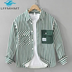 7501 Striped Shirt for Men Spring Autumn Fashion Classical Long Sleeve Blouse Teens Streetwear Asymmetrical Pocket Casual Tops