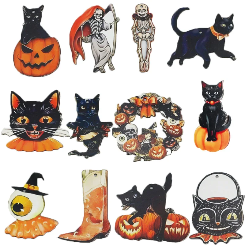 

(12pcs/pack) Halloween Party Wooden Decoration Pendant Doors Windows Gift Box Decorations Children's Handicraft Activity Making
