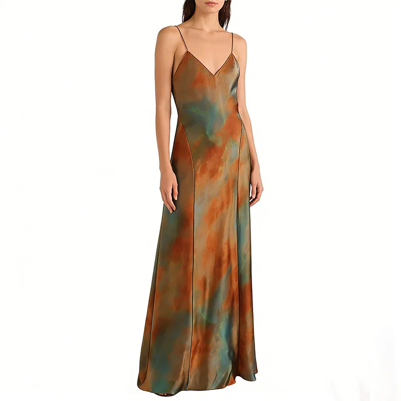 

Summer Women Elegant Tie Dye Print Long Dresses Lady Sexy V-Neck Backless Sling Dresses Female Chic Slim Sleeveless Long Dresses