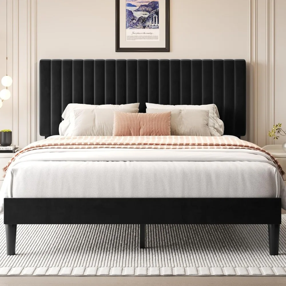 

Bed Frame with Adjustable Headboard, Upholstered Velvet Bed Frame, Platform Bed Frame, Under-Bed Storage, No Box Spring Needed