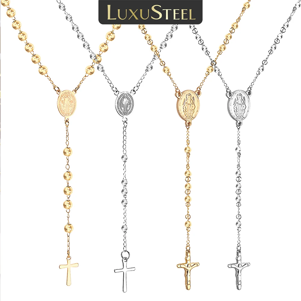 LUXUSTEEL Jesus Cross Long Necklace Stainless Steel Rosary 52cm/65cm+7cm Chain Women Men Christian Catholic Religious Jewelry