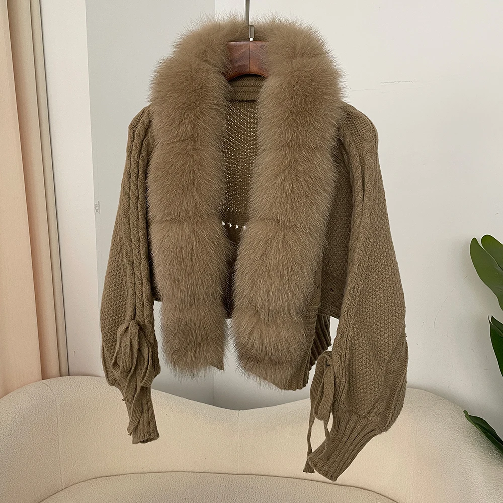 NONE 2024 Winter Neue Mode Stricken Strickjacke Knopfleiste Mantel Frauen Casual Echt Fox Pelzmantel Kurze Warme Gestrickte Jacke mit Natürlichen Pelz 10