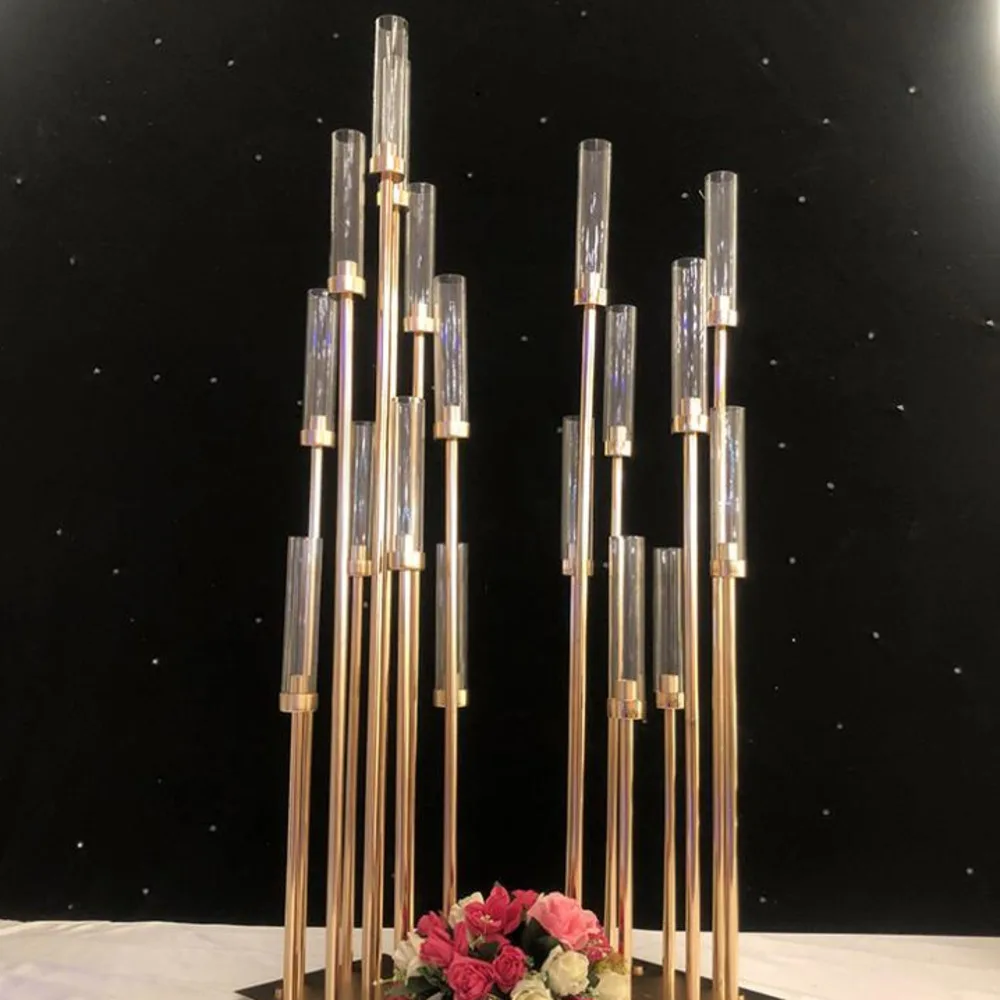 8/10 Heads Metal Candelabra Candle Holders Road Lead Table Centerpiece Gold Candelabrum Stand Pillar Candlestick For Wedding