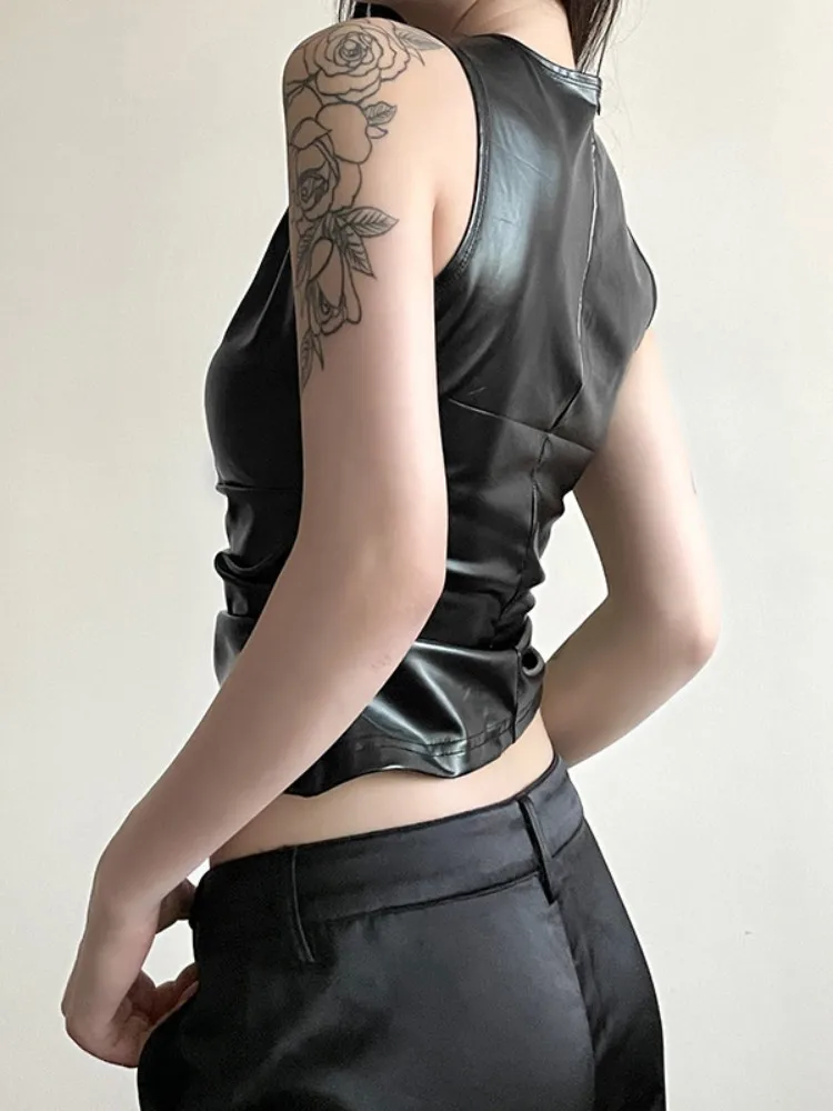 Preto feminino Folds Short Crop Top, Streetwear, Slim, sem mangas, O-pescoço, pulôver, moda verão