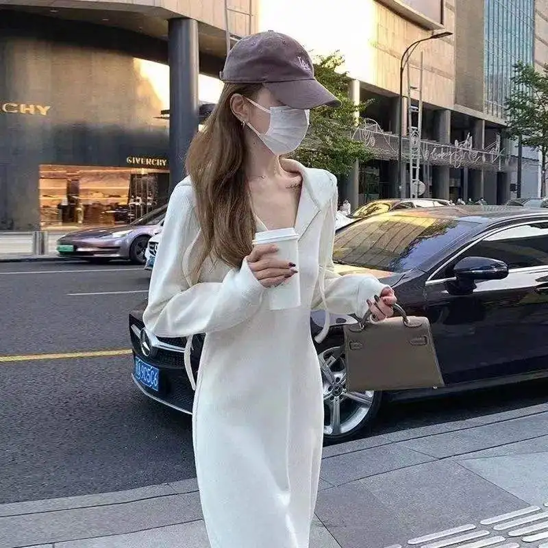 

White Hoodie Dress Heightening Effect Spring Autumn New Style Women's Fashion Long Skirt Sweet Style Thin Material Long Sleeve