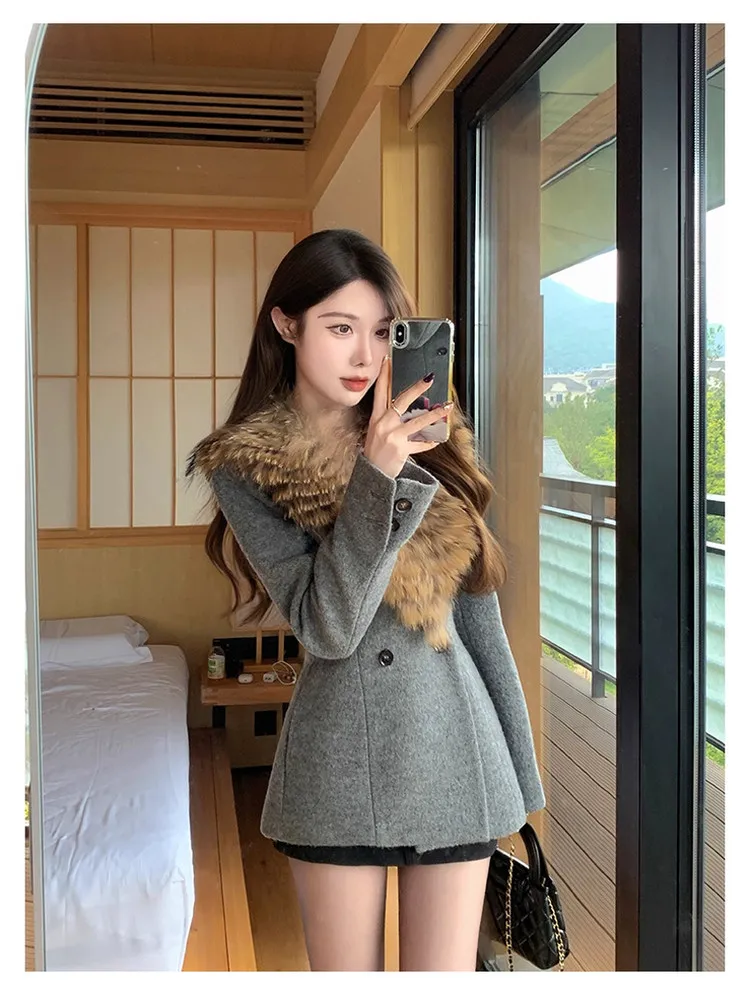 Women Winter Thick Wool Coat Real Raccoon Large Fur Collar Waist Cinched Slim New Style Premium Temperament Woolen Overcoat
