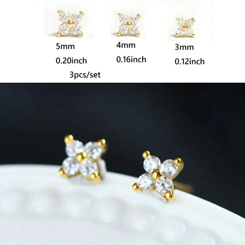 2/3Pcs Dainty CZ Flower Stud Earrings For Women, 18K Gold Plated Tiny Small Cute Cartilage Helix Tragus Ear Piercing Jewelry