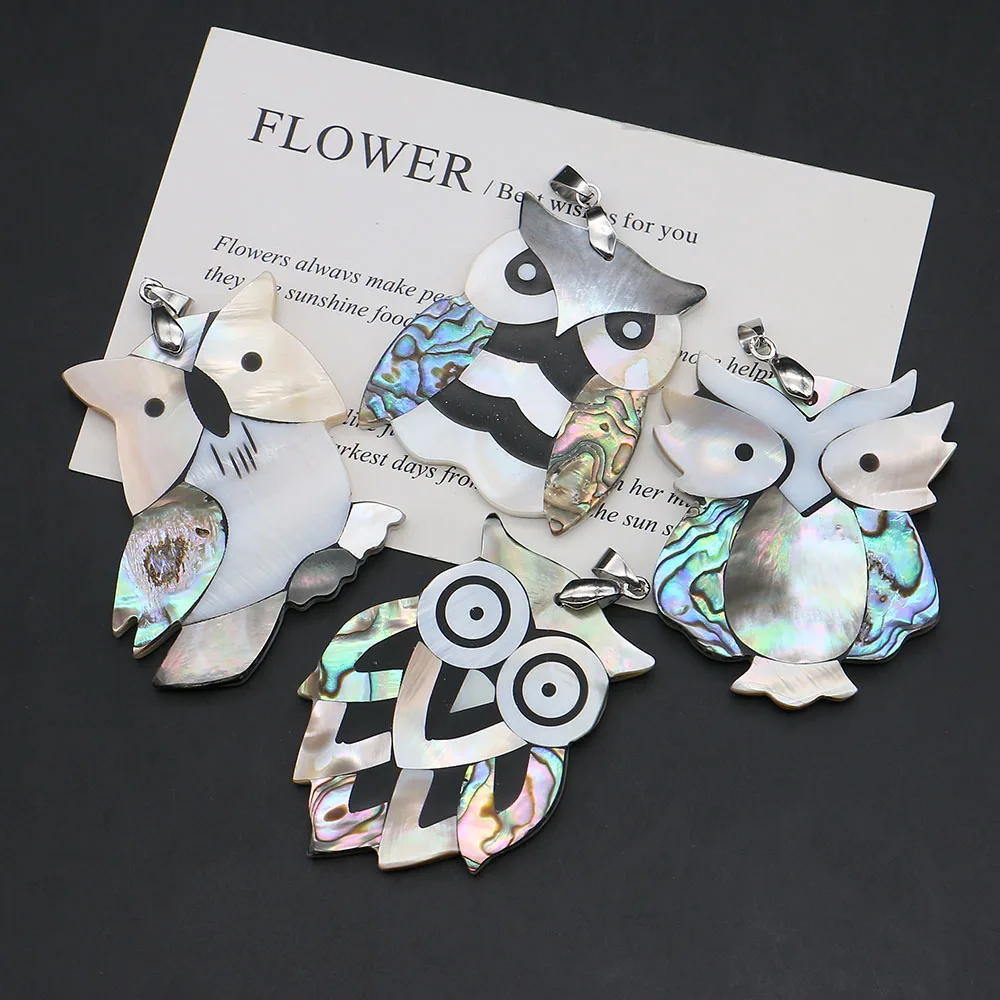 

1 Pc Single-side Splicing Natural Shell Owls Shape Pendants With Silver Melon Seed Clasp Charms Handmade Necklace Key Chain Gift