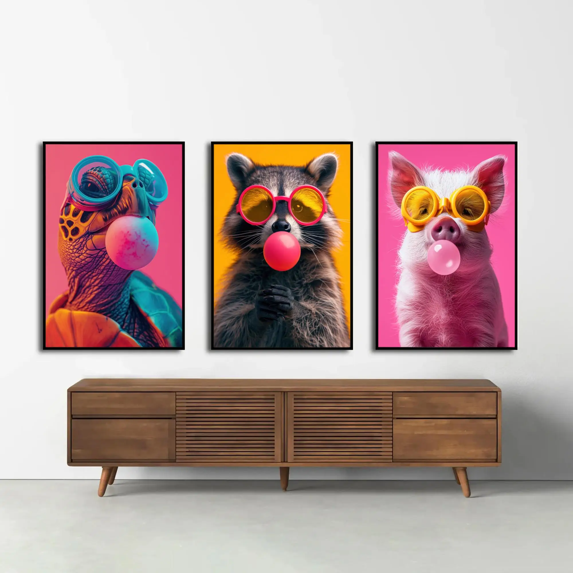 Colorful Animal Wall Art Set, Pop Art Prints, Funny Turtle Raccoon Pig Posters, Bubble Gum Art, Bold Modern Triptych Decor