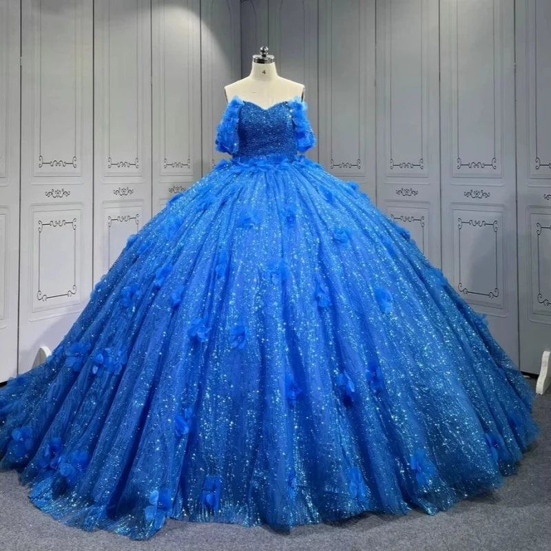 

Синее блестящее платье принцессы с открытыми плечами Sweet 16, платья Quinceanera, тюлевые платья с цветочными бусинами для вечеринки, дня рождения, Vestidos 15 De Anos