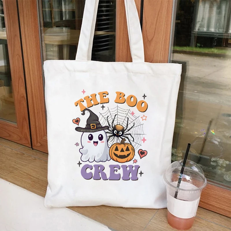 The Boo Crew Canvas Tote Bag Women Men Reusable Shopper Bag Harajuku Fashion Halloween Graphic Shoulder Handbags for Student