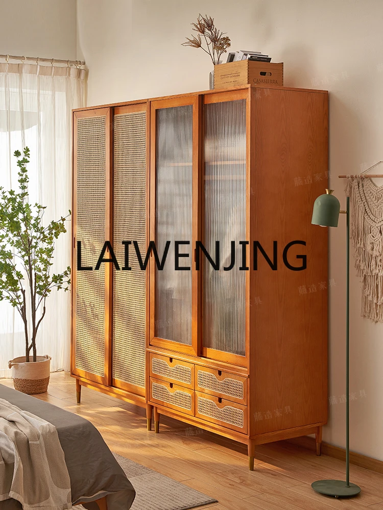 RWJ Silent Wardrobe Bedroom and Household Vintage Rattan Japanese Style Solid Wood Glass Sliding Door