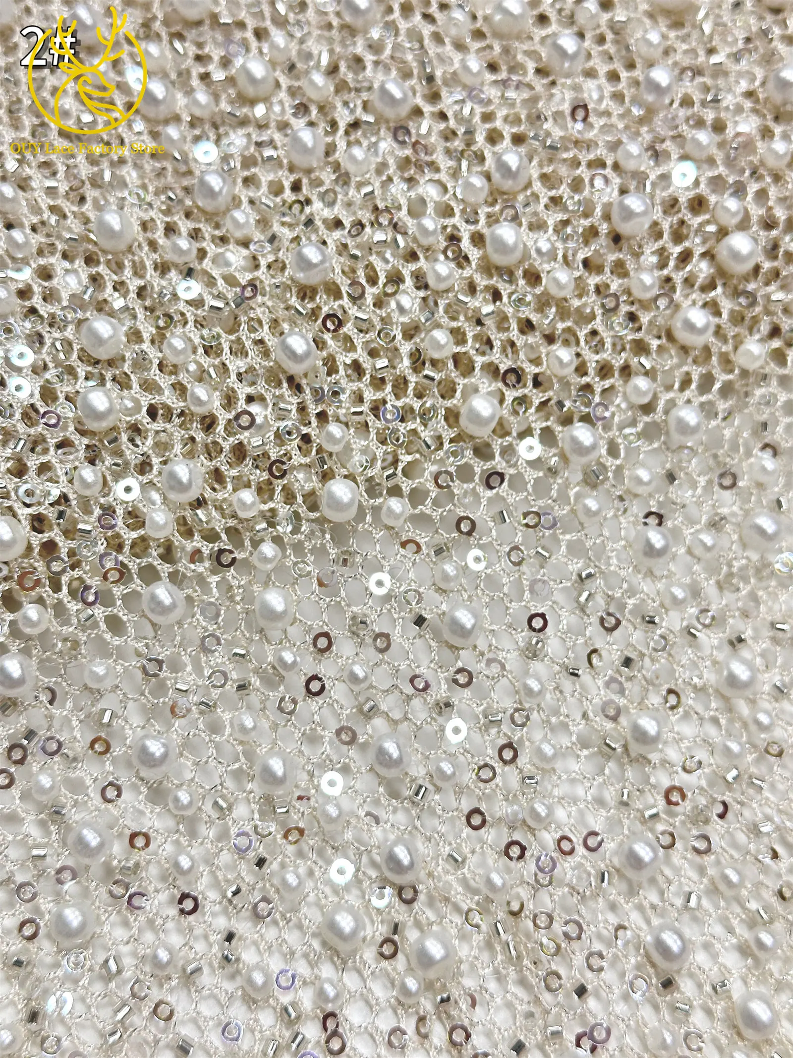 Neuer Stil Afrikanischer Perlen-Spitzenstoff Hochwertiger nigerianischer Perlen-Pailletten-Spitzenstoff Luxuriöser französischer Netzstoff zum Nähen von Hochzeitskleidern – Detail 11