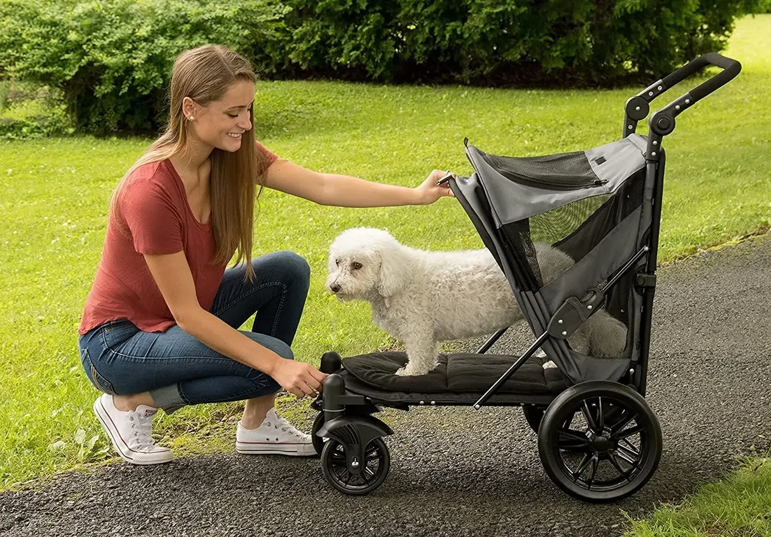 NO-Zip Pet Stroller with Dual Entry, Push Button Zipperless Entry for Single or Multiple Dogs/Cats, No Need to Lift Pet, USA