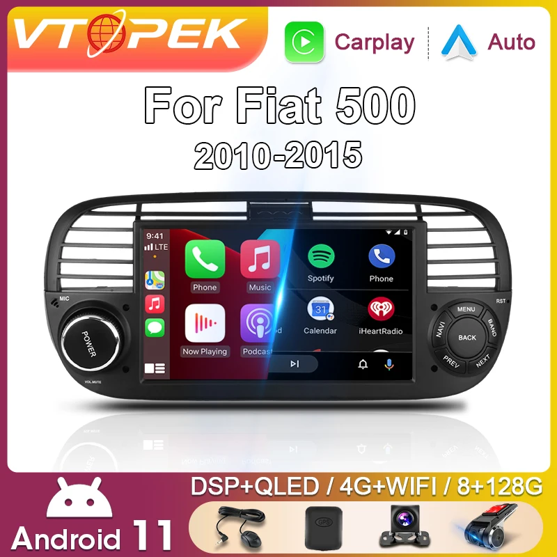 

Vtopek Android автомобильный радиоприемник, мультимедийный плеер для FIAT 500 2010-2015, встроенный DSP Carplay, автомобильный стерео GPS-навигатор, 4G, Bluetooth