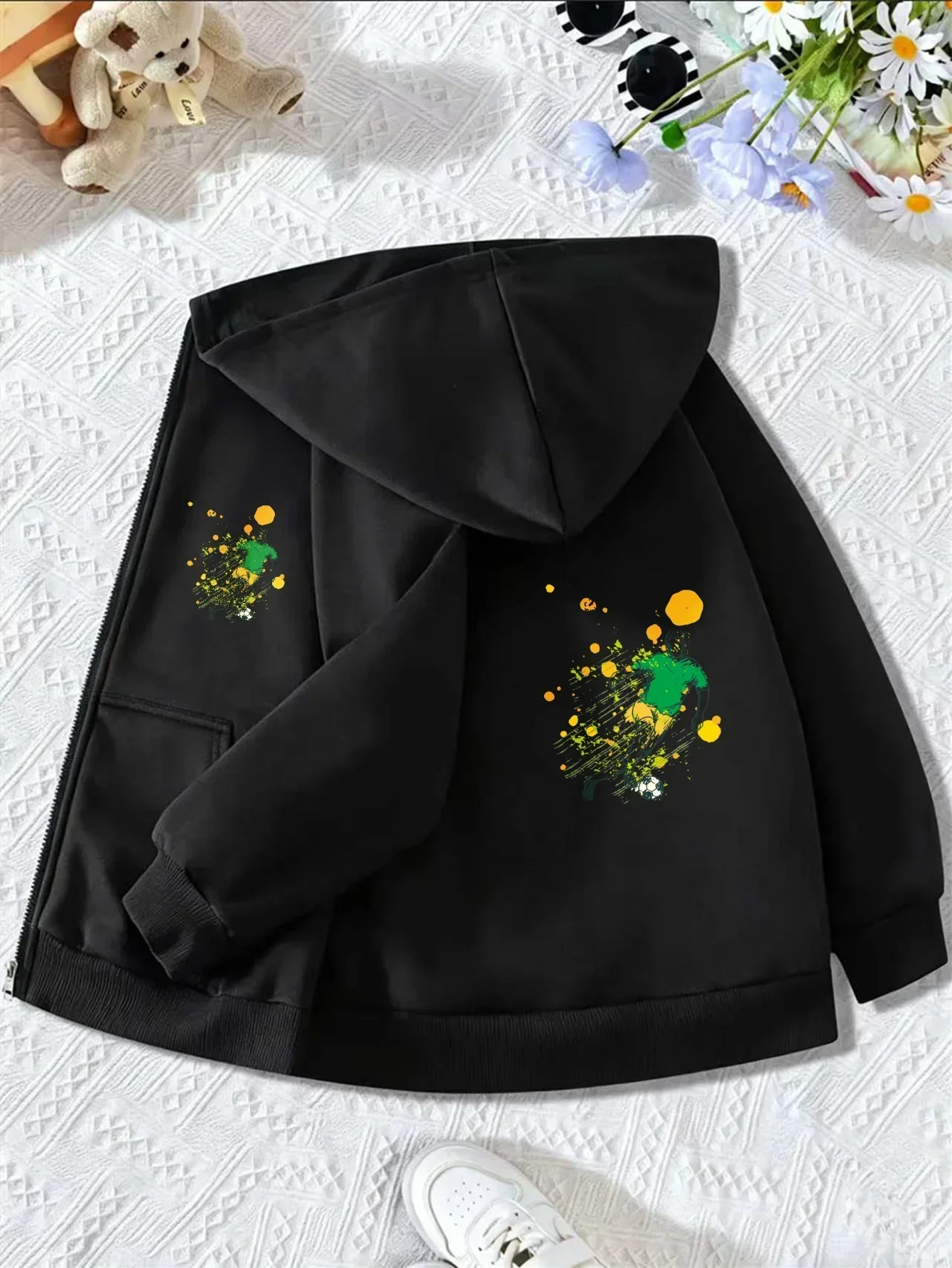Childrens Black Zip Up Hooded Jacket Dynamic Soccer Athlete With Yellow Splash Graphic Long Sleeve Loose Sport Daily Sweatshirt