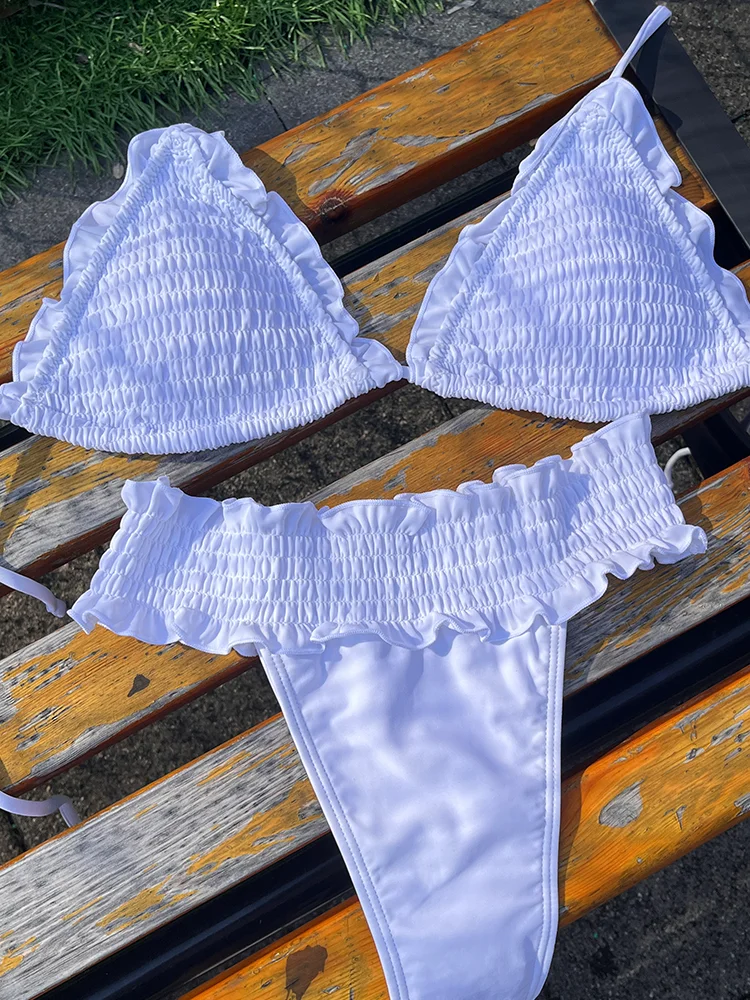 Maillot de bain rose à volants pour femmes, ensemble deux pièces, soutien-gorge push up, culotte taille basse, sexy, vêtements de plage, 2024