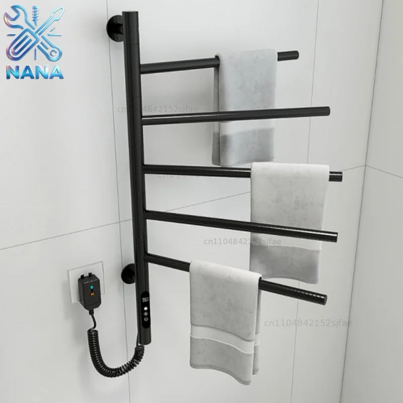 Electric Heated Towel Rack Rotating Bathroom Wall Mounted Drying Rack Stainless Steel Towel Warmer 5 Bars Built-in Timer Plug-in