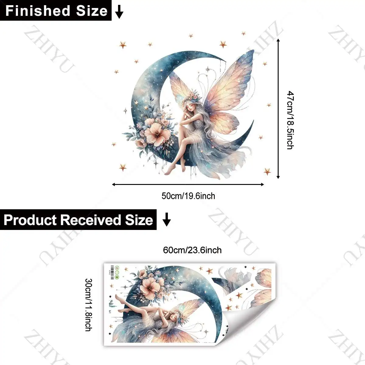 ZHIYU كارتون ذاتية اللصق خلفية الأزرق التدرج فراشة قزم الجلوس على زهرة القمر مع نجمة الجدار ملصق الديكور غرفة نوم #4