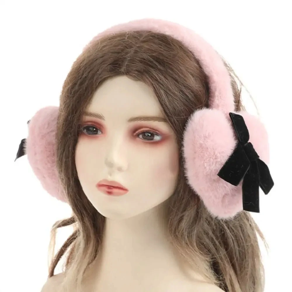 Faux Fur Plush Earmuffs para mulheres, bowknot, macio, quente, engrossar, JK, doce, ciclismo, Earflap inverno, bonito, japonês, Y2k