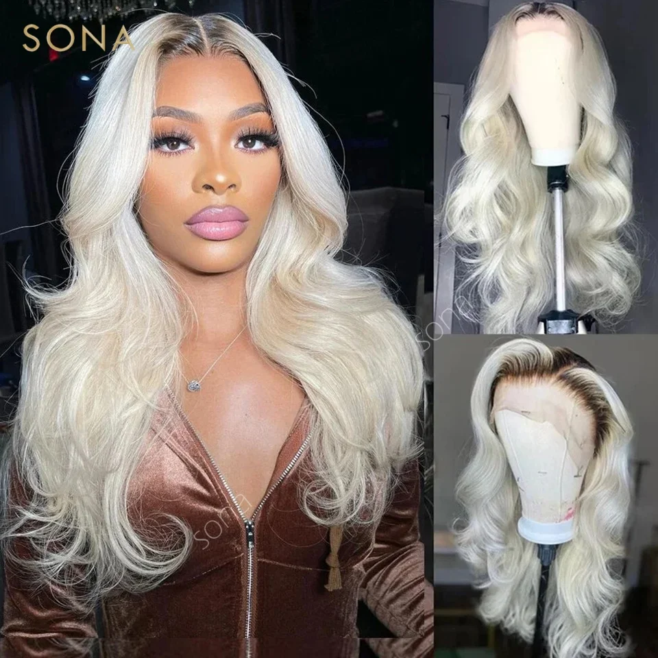 

Ombre 1B Platinum Blonde 13x6 HD Transparent Lace Frontal Wig Ash Blonde Colored Body Wave Human Hair Wig for Women