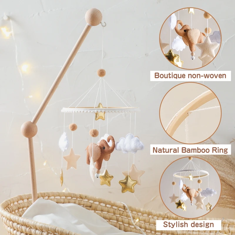 Baby Cute Elephant Mobile Hanging Rattles Toy Wooden 0-12 Months Bed Bell Hanger Crib Mobile Bed Bell Wood Holder Arm Bracket