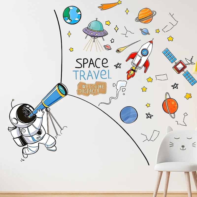 Cartoon Astronaut Rocket Satellite Planet Wall Stickers For Home Decoration Kids Bedroom Mural Art Pvc Decals Diy Space Posters