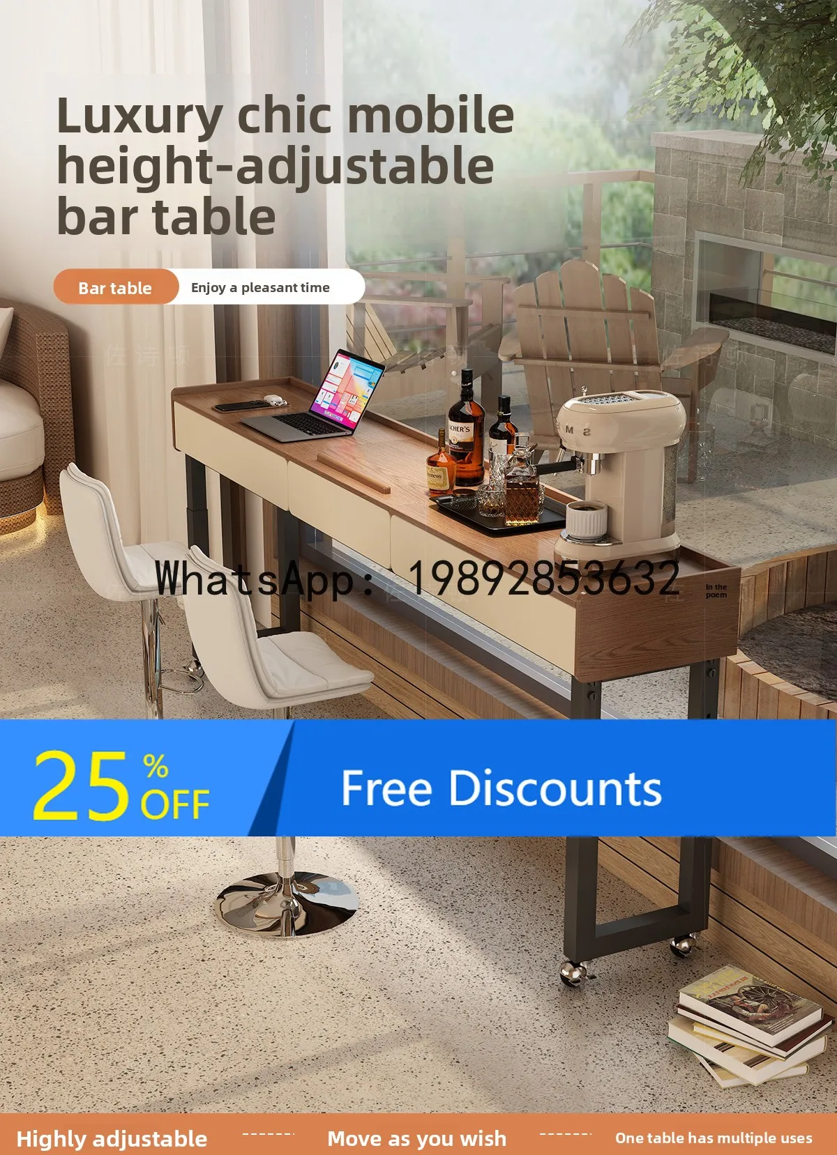 

LYY Bar Table Home Use Long Table Balcony Window Integrated Movable Adjustable Height Living Room High Stool Table Office Desk