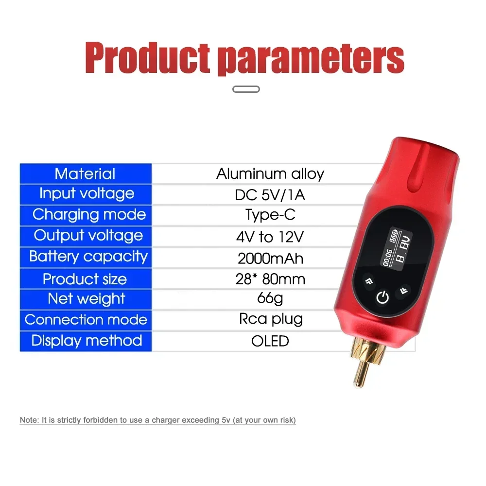 Fonte de alimentação sem fio profissional, Mini bateria portátil do tatuagem, RCA Jack para máquina de tatuagem rotativa, 2000 mAh