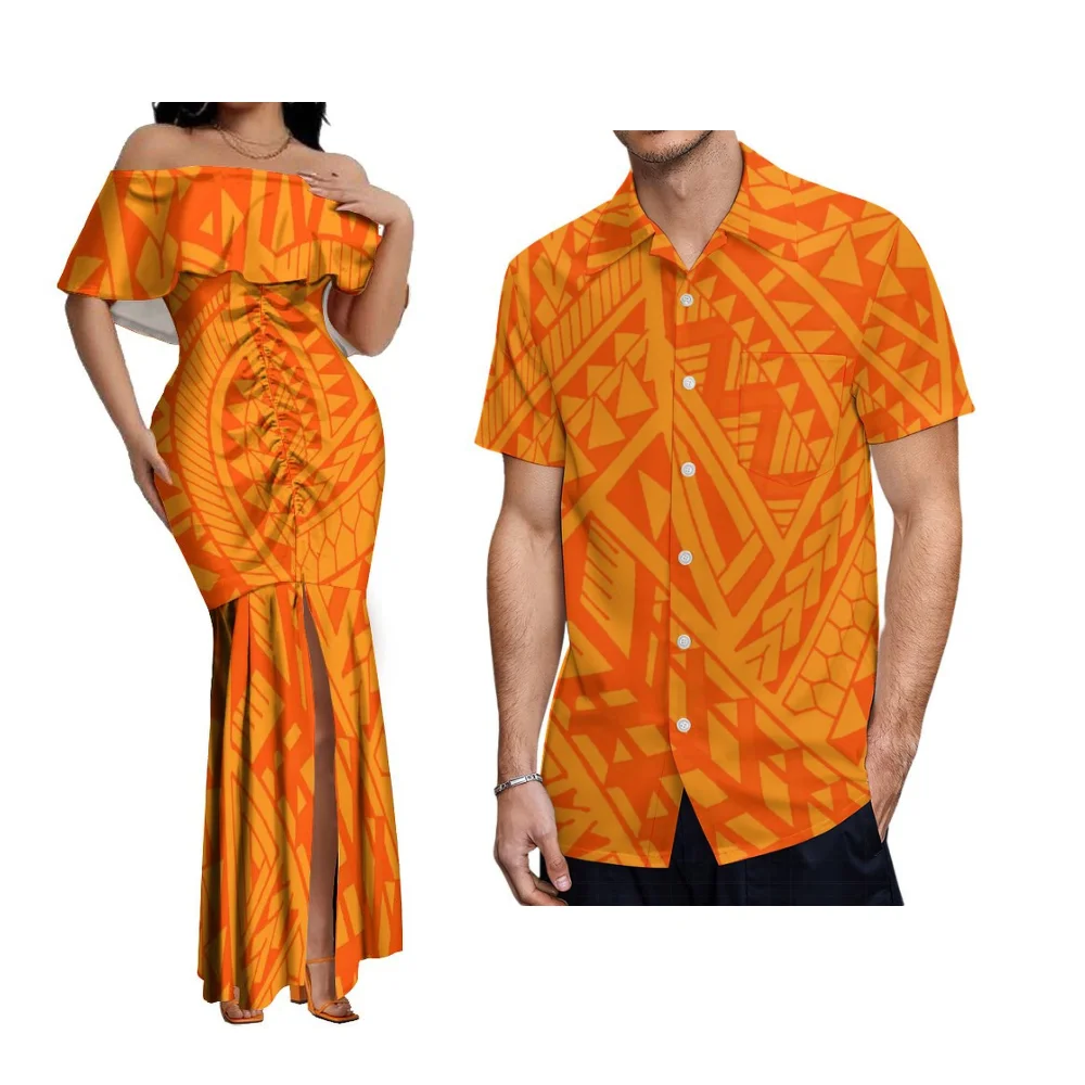 Summer Island-Style Couple Sets Women'S One-Shoulder Floor-Length Fishtail Dress Polynesian Island Samoan And Men'S Aloha Shirt