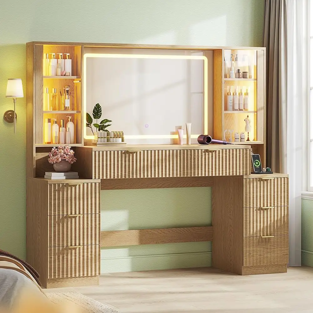 Large Oak Makeup Vanity Desk with LED Lights, Mirror, Drawers, and Charging Station