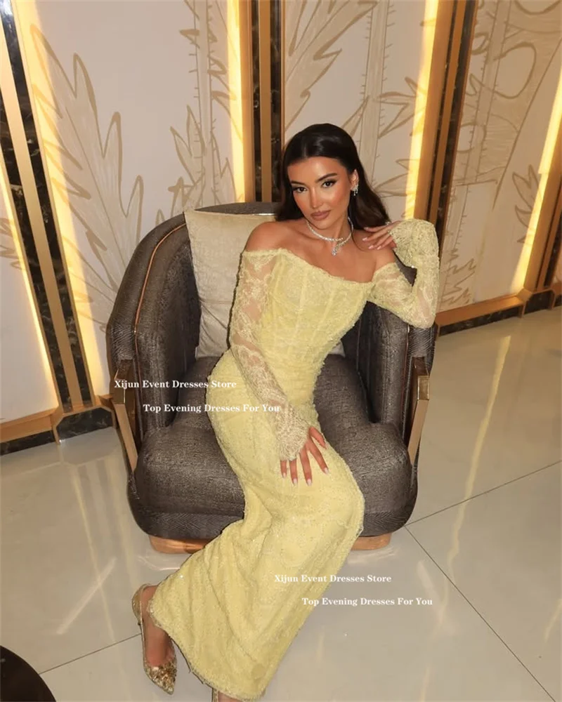 Xijun Baby Yellow Lace Evening Dresses Off The Shoulder Luxury Saudi Arabric Prom Dresses Mermaid Ankle Length Prom Gowns Custom