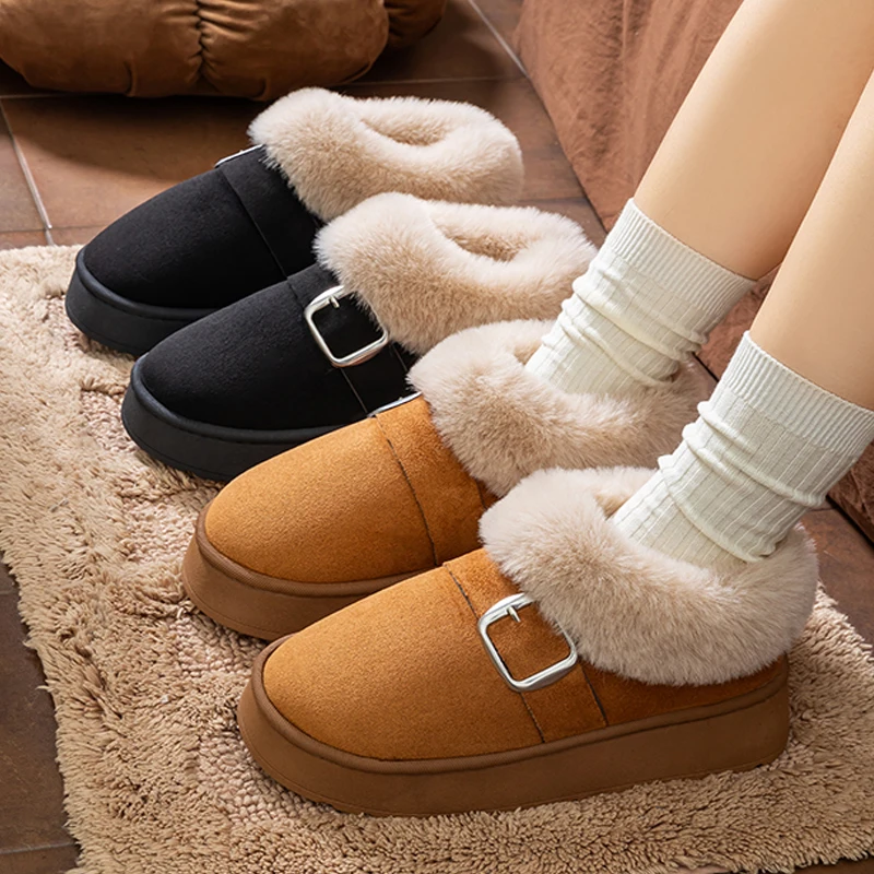 

Women's Warm Cotton Shoes Indoor Outdoor Anti-slip Fluffy Fuzzy Slippers Winter Platform Furry Shoes Plush Home Footwear