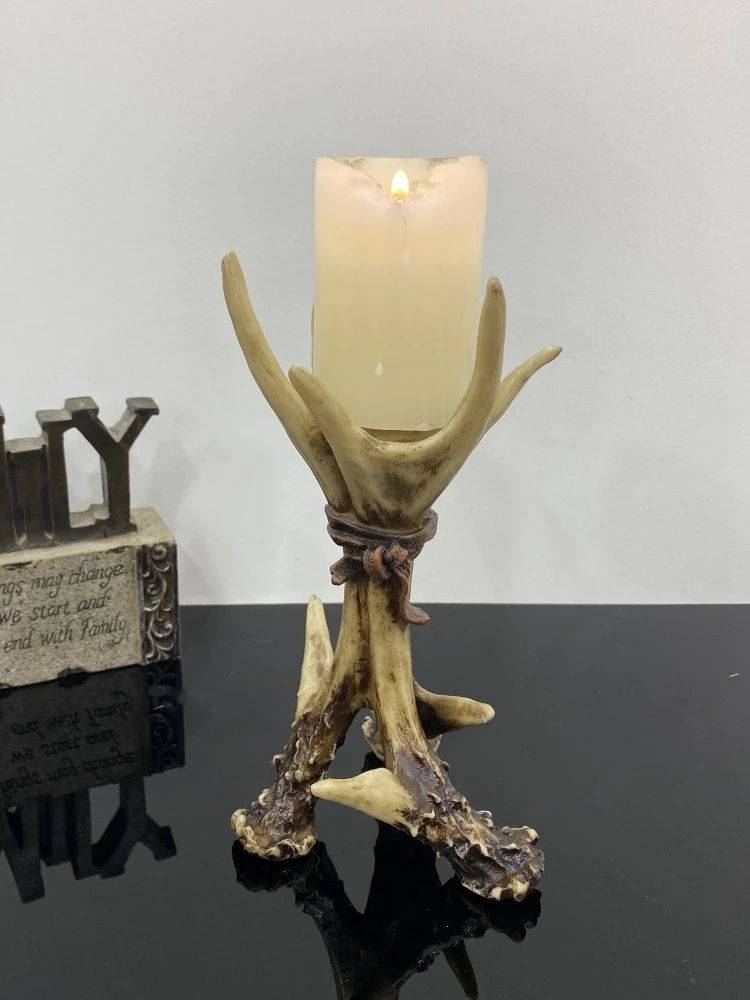 Vintage-Geweih-Kerzenhalter aus Kunstharz, Tiermotiv-Kerzenständer, Hirschstatue, Wohnzimmer-Deko, Kamin-Deko, Weihnachtsdekoration – Detail 1