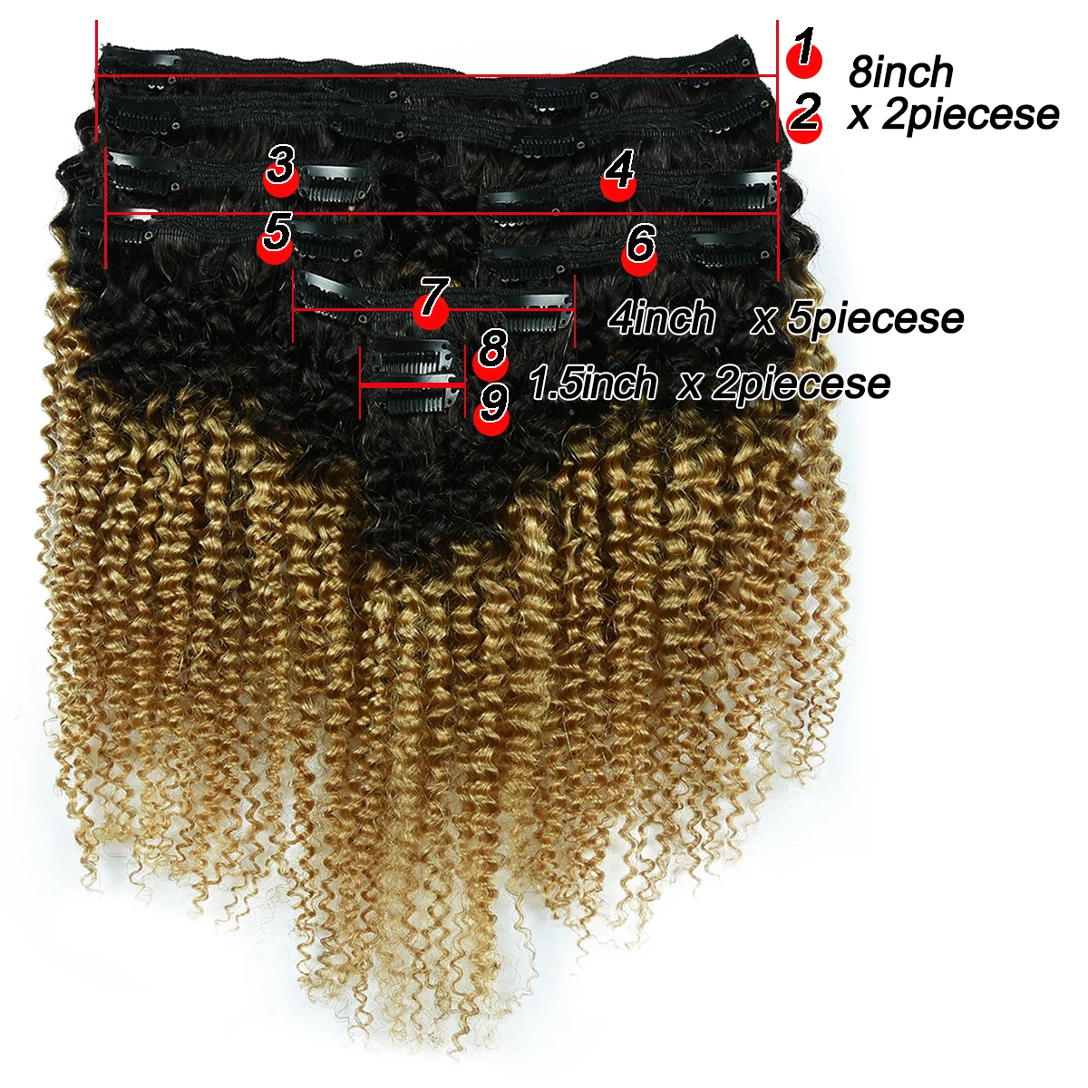 Extensão de grampo de cabelo humano encaracolado, cabeça cheia Hairpiece, Kinky, T1B 27, 9Pcs Set