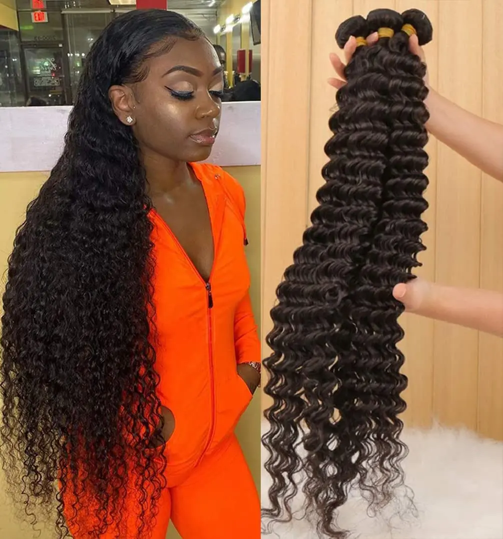 Deep Wave Curly Human Hair Bundles Brazilian Hair Weave Remy Human Hair Bundles 3 Bundles for Black Women 30 Inch Natural Color