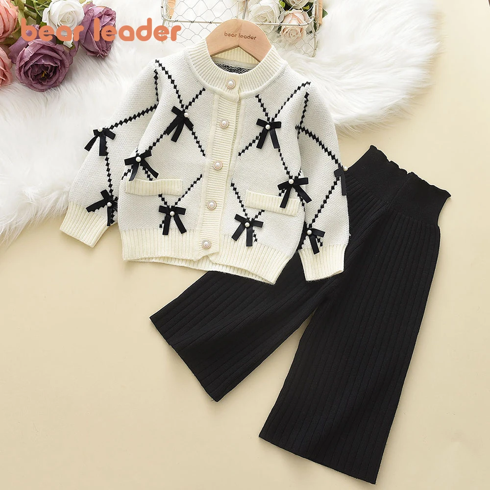 Bear Leader Bow Baby Sweatshirt + Pants 2pcs Set New Children Knitting Outfit for 2-6Years Kids Tracksuit Winter Girls Clothes