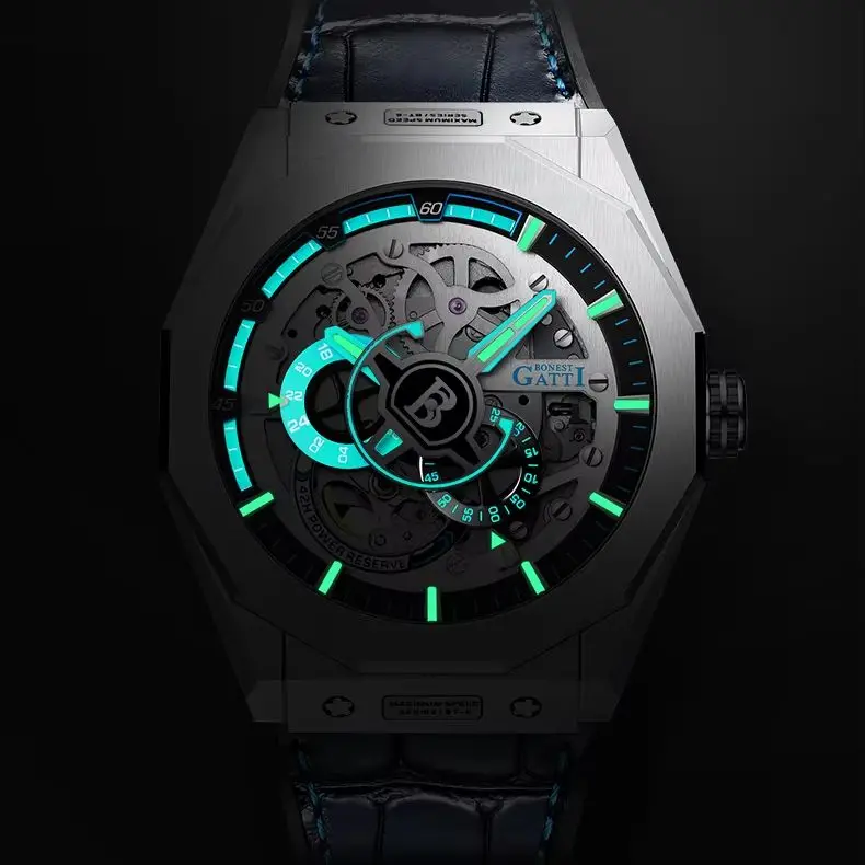 

BONEST GATTI мужские автоматические часы роскошные 42 мм механические наручные часы скелетон циферблат водостойкие сапфировые светящиеся модные