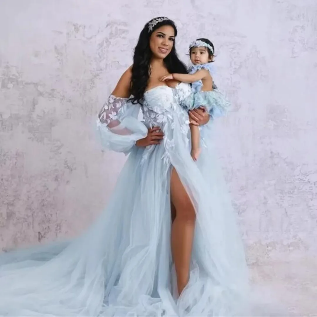 Sexy Maternity Star Dresses Grey Blue Pregnant Gowns for Photoshoot Baby Shower 3D Floral Applique Off the Shoulder Bathrobes