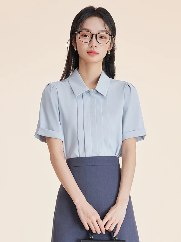 

Blue Casual Short Sleeve Shirt Women's Spring Summer New Fashion Korean Style Versatile Queen Style Casual Shirt