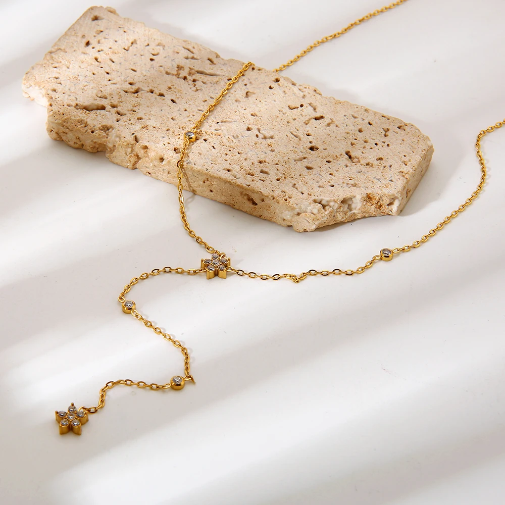 

18K Gold Plated Sparkling Cubic Zirconia Floral Long Fringe Necklace Stainless steel Waterproof Elegant Jewelry for Women Gift