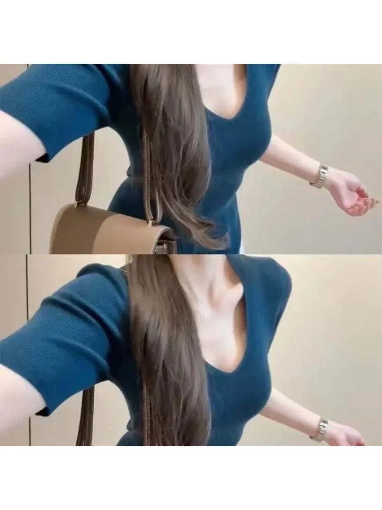 French Style Elegant V Neck Knit Half Sleeve T-shirt Premium Casual Slim Top Female All-match Minority Simple Moda Mujer