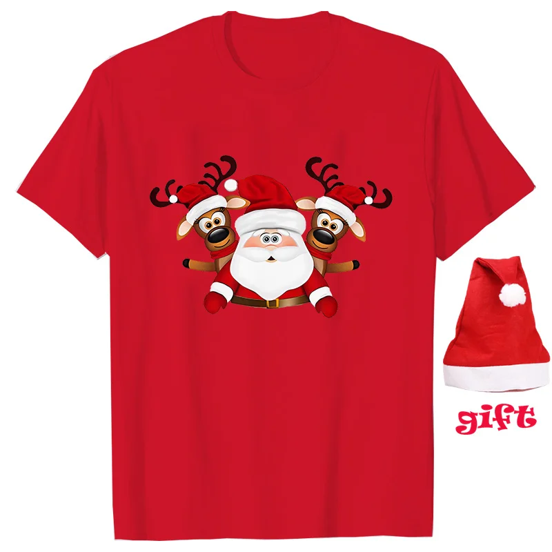 Fashion Christmas Wine Women T Shirts with Christmas Hats Casual Xmas Party Short Sleeve Tees Harajuku Female Clothing